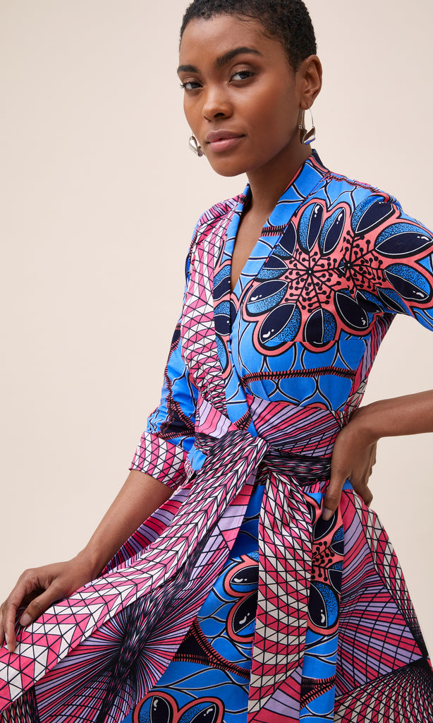 Multi-Print Wrap Dress in Pink and Blue – KIKI Clothing