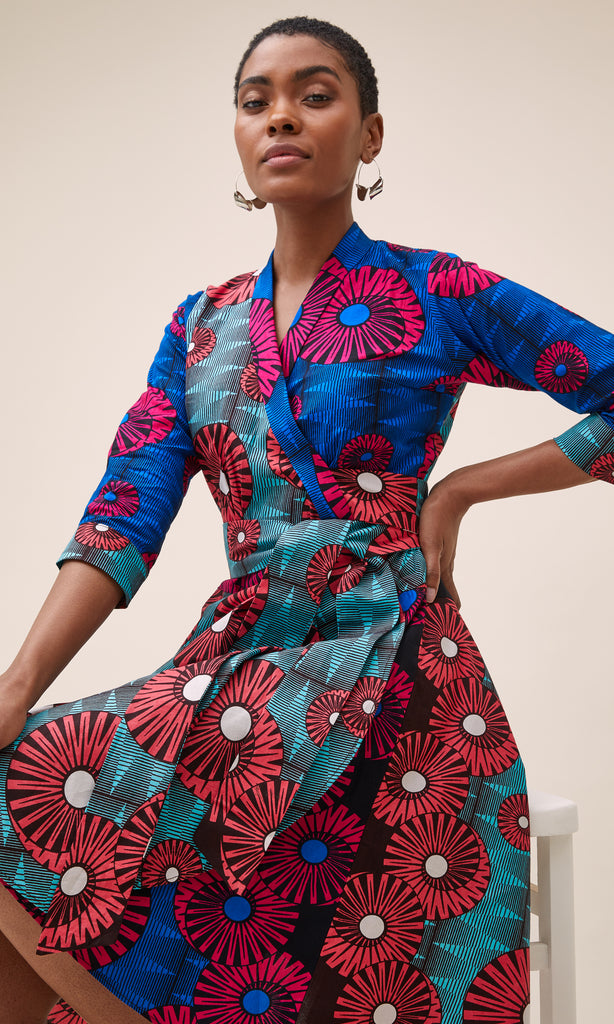 Multi-Print Wrap Dress in Blue and Red Multi-Print Wrap Dress in Blue and Red