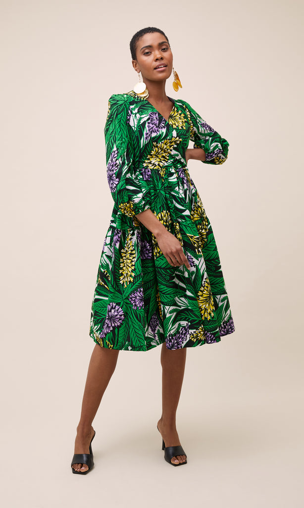 Wrap Tiered Dress in Green and White Wrap Tiered Dress in Green and White