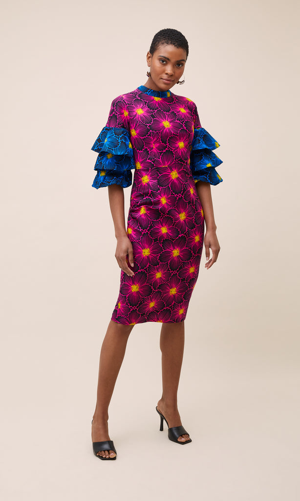 Bell Layered Sleeve Pencil Dress in Pink and Blue Bell Layered Sleeve Pencil Dress in Pink and Blue