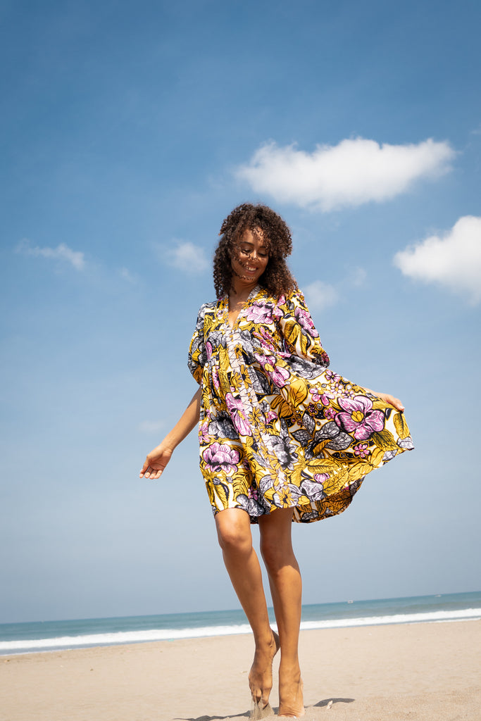 Kimono Cap Sleeve Dress- Pink & Yellow KIKI Clothing Kimono Cap Sleeve Dress- Pink & Yellow KIKI Clothing